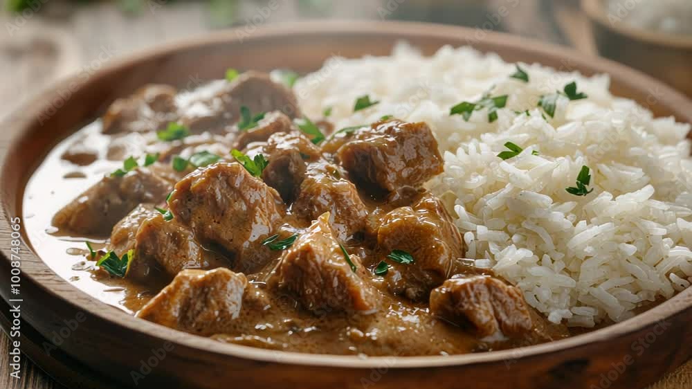 A bowl of savory beef stew served with fluffy white rice and garnished with parsley. A bowl of savory beef stew served with fluffy white rice and garnished with parsley.