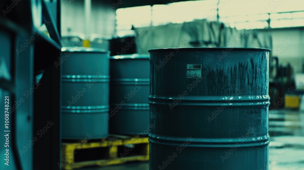 A close-up of blue barrels sitting securely on pallets in a warehouse, filled with various liquid chemicals, showcasing industrial operations and safety measures. A close-up of blue barrels sitting securely on pallets in a warehouse, filled with various liquid chemicals, showcasing industrial operations and safety measures.