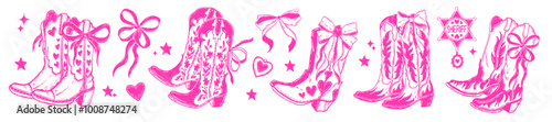 Cowgirl boots set, vector coquettish Texas ranch shoes, western girly pink fashion, cute ribbon bow. Female romantic rodeo footwear icon set, lovely feminine retro illustration. Vintage cowgirl boots