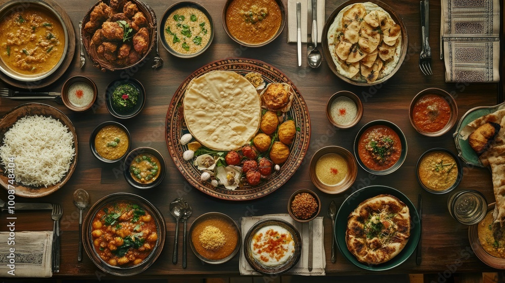 Top view of a South Asian restaurant table set for a meal with traditional dishes. No people, copy space available Top view of a South Asian restaurant table set for a meal with traditional dishes. No people, copy space available