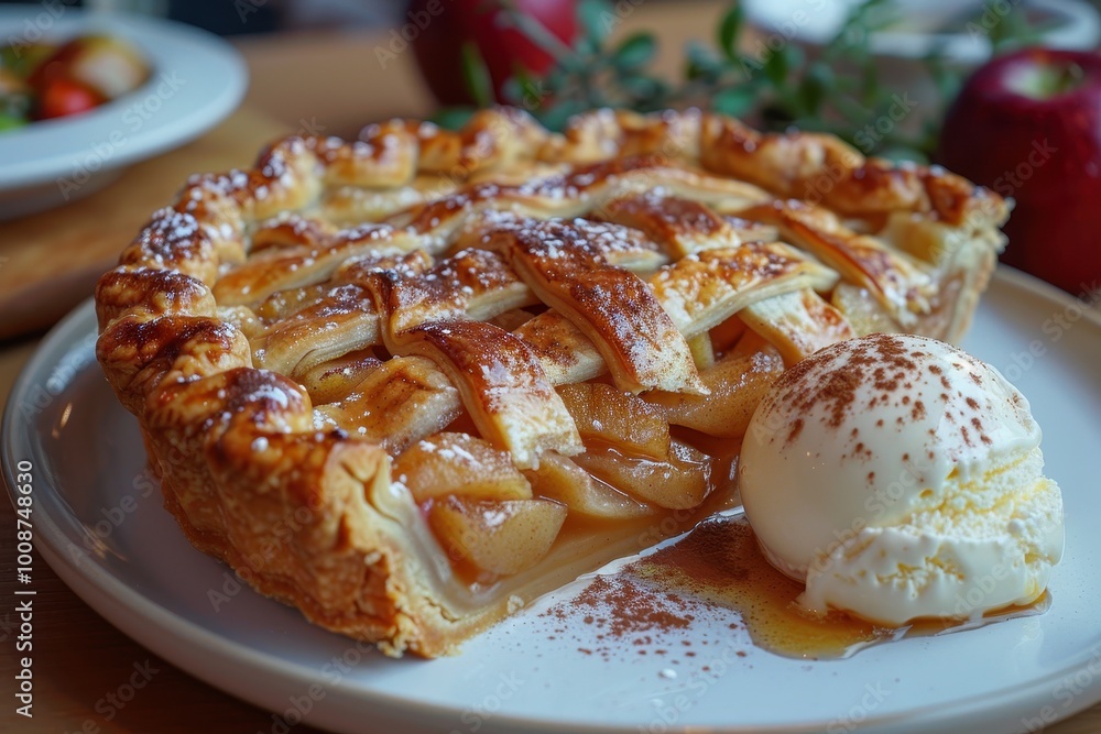 USA: Apple Pie A golden-brown pie with a lattice crust, filled with cinnamon-spiced apple slices, served with a scoop of vanilla ice cream melting on the side USA: Apple Pie A golden-brown pie with a lattice crust, filled with cinnamon-spiced apple slices, served with a scoop of vanilla ice cream melting on the side