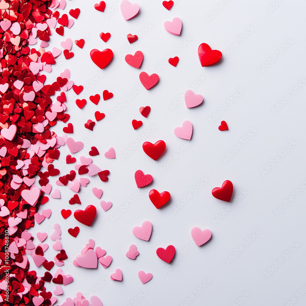 Red and pink heart-shaped confetti scattered on a white surface, bright and even lighting, vibrant and playful composition Red and pink heart-shaped confetti scattered on a white surface, bright and even lighting, vibrant and playful composition