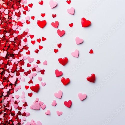 Red and pink heart-shaped confetti scattered on a white surface, bright and even lighting, vibrant and playful composition 