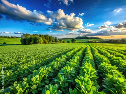 Vibrant Green Cover Crops Growing in a Fertile Farm Field Under Bright Blue Sky in Rural Landscape