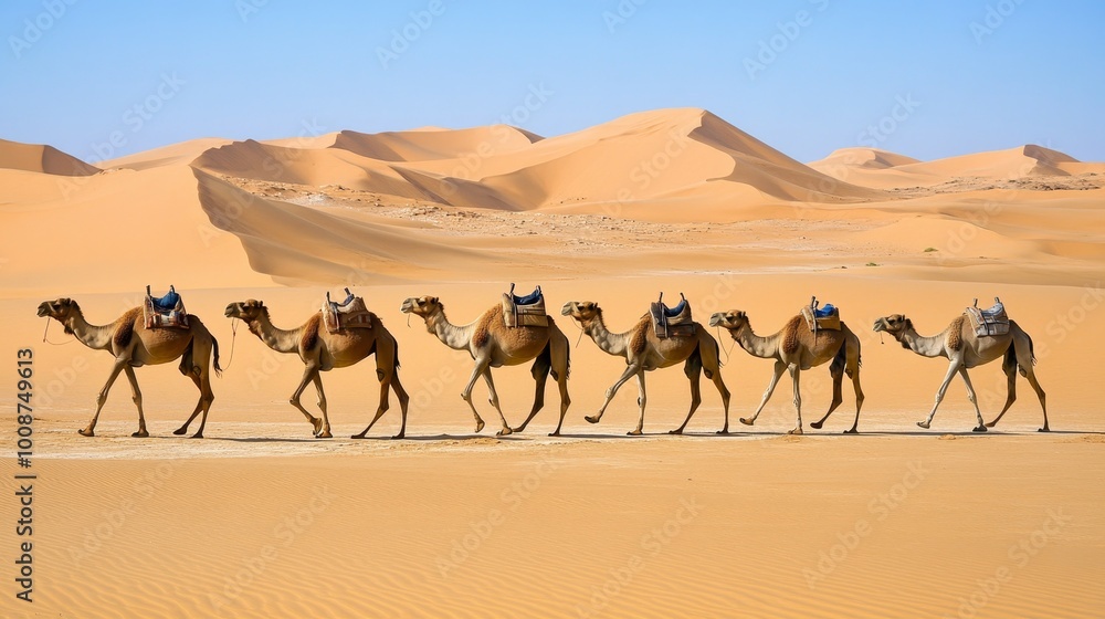 Fototapeta premium A herd of one-humped camels traversing the Sahara Desert in Mauritania, illuminated by harsh dawn light while searching for food and water in West Africa