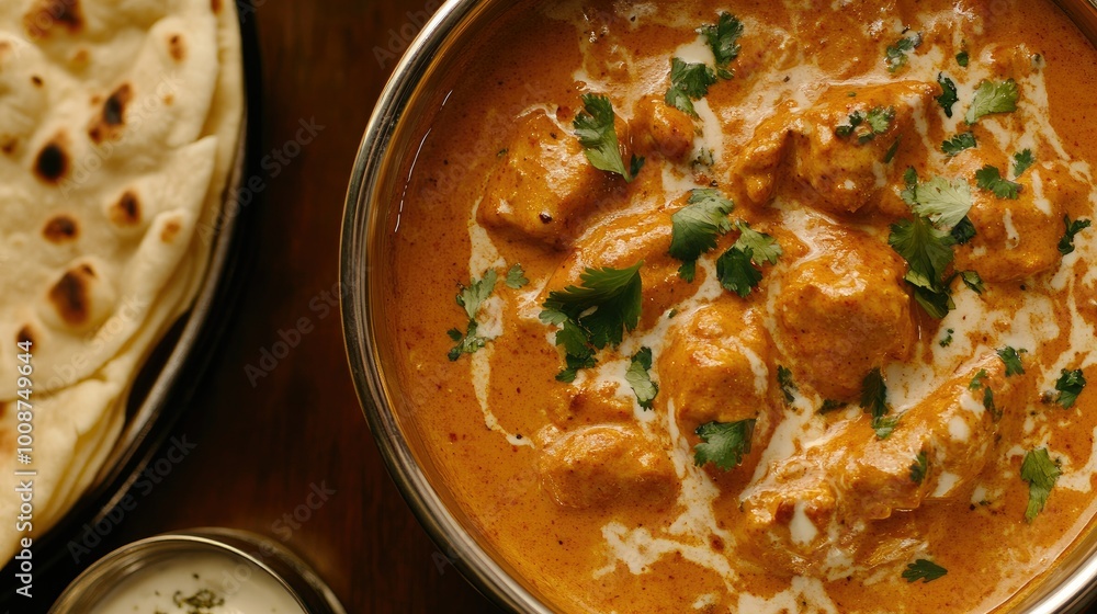 Top view of butter chicken with naan, a classic South Asian meal for kids Top view of butter chicken with naan, a classic South Asian meal for kids