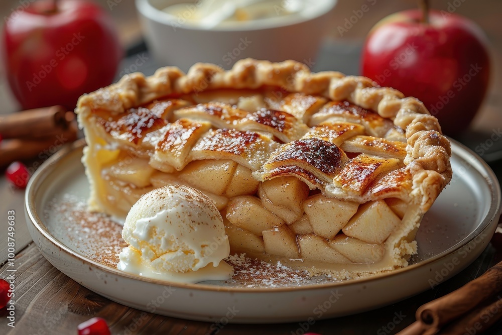 USA: Apple Pie A golden-brown pie with a lattice crust, filled with cinnamon-spiced apple slices, served with a scoop of vanilla ice cream melting on the side USA: Apple Pie A golden-brown pie with a lattice crust, filled with cinnamon-spiced apple slices, served with a scoop of vanilla ice cream melting on the side