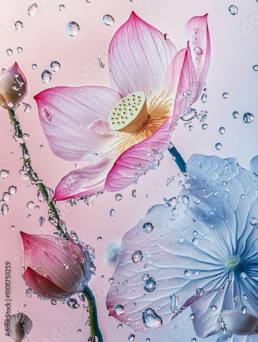 Lotus flowers emerging from the water, clear semi transparent material, X-ray close-up, bright colors, macro photography, large and small water droplets, clear texture, exquisite details, partial clos photo