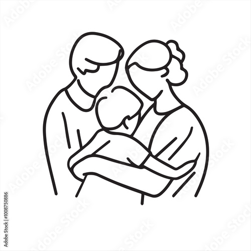 A simple line drawing of a family , young couple, teenage children. vector illustration 