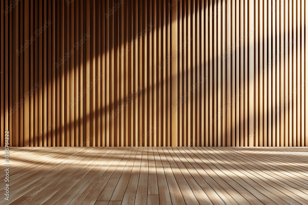 Wall with wood background. Panels with wood texture. Vertical slats in the interior design of an empty studio room. 3D architecture with window shadow overlay. Wall with wood background. Panels with wood texture. Vertical slats in the interior design of an empty studio room. 3D architecture with window shadow overlay.