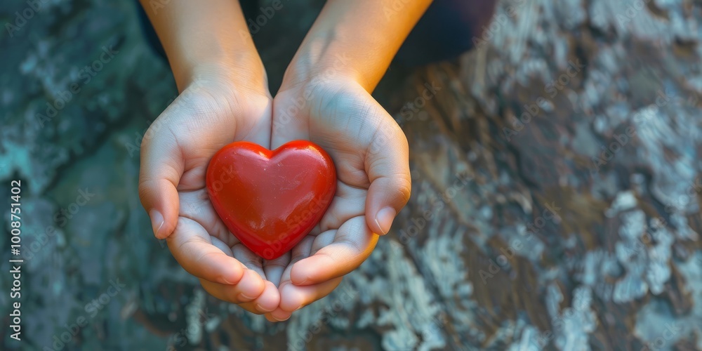 Fototapeta premium Child's hands holding a red heart symbol against a blurred outdoor background