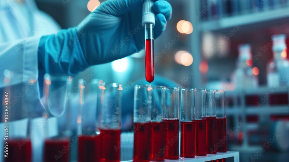 A scientist is holding a red liquid in a test tube A scientist is holding a red liquid in a test tube