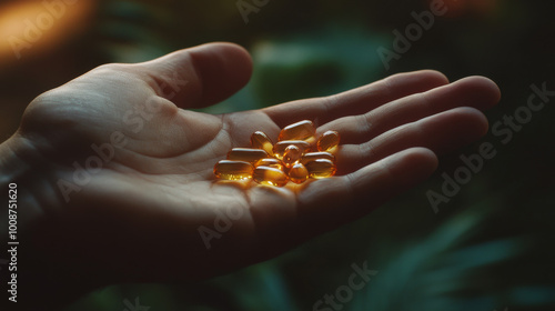 The man's hand holds tiny capsules used for natural health remedies. photo