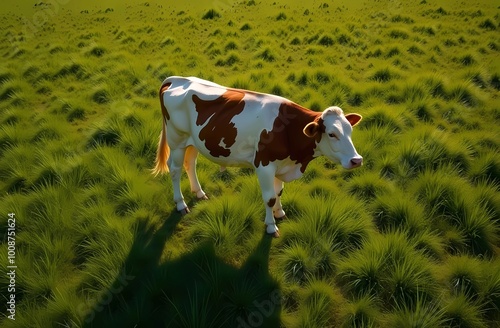 View of a white and brown cow on a sunlit green field, creating a serene image of the copied space.  photo