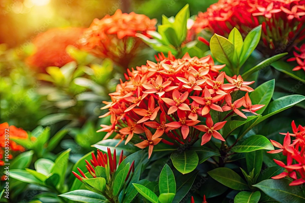 Vibrant Ixora Flowers Blooming in a Lush Garden with Green Foliage in Beautiful Natural Light Vibrant Ixora Flowers Blooming in a Lush Garden with Green Foliage in Beautiful Natural Light