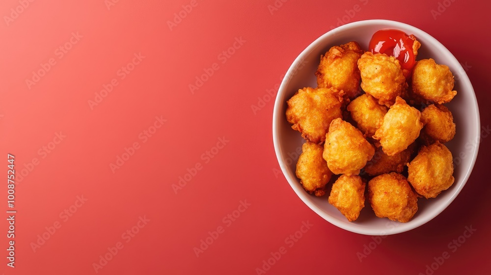 Top view of crispy pakoras with ketchup, a favorite snack for South Asian kids. Ample copy space