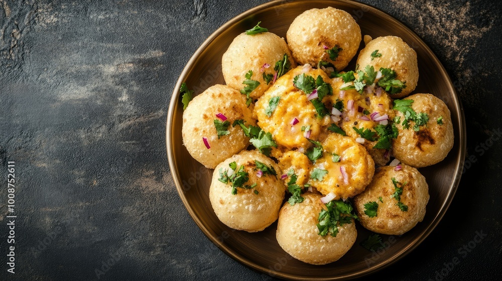 Top view of dahi puri, a tangy street food enjoyed by South Asian kids. Copy space available Top view of dahi puri, a tangy street food enjoyed by South Asian kids. Copy space available