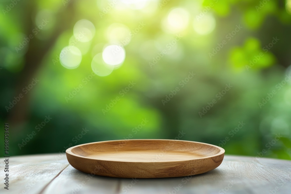 Empty wooden plate on white table over blur green trees nature with bokeh background, Blank wood dish for food display montage banner template, muck up, poster, wallpaper - generative ai Empty wooden plate on white table over blur green trees nature with bokeh background, Blank wood dish for food display montage banner template, muck up, poster, wallpaper - generative ai