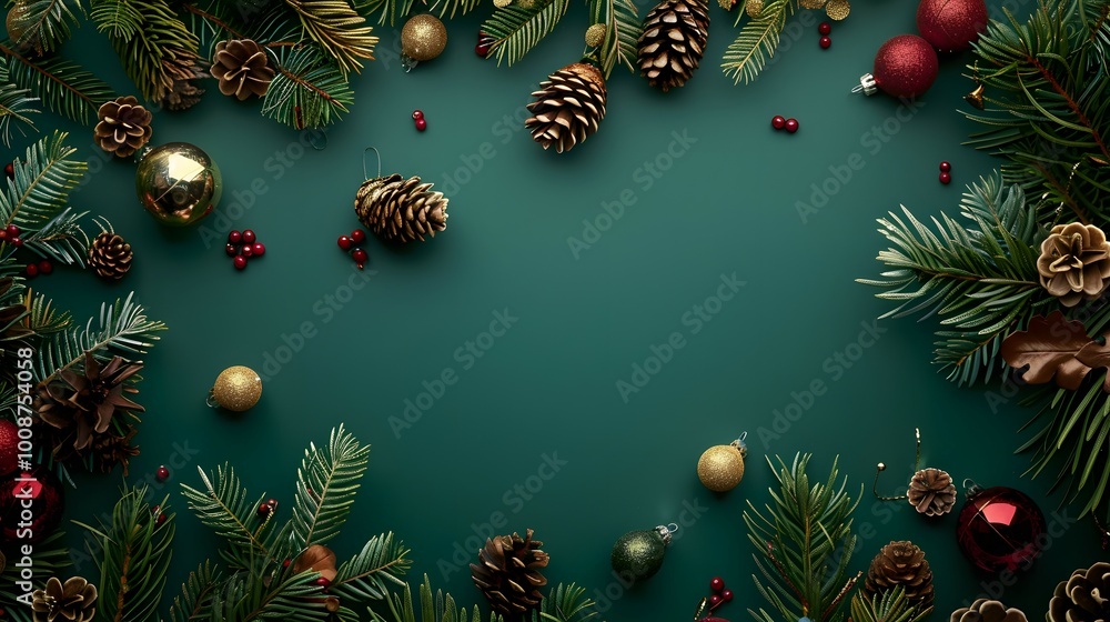 Christmas dark green background with conifers, pine cones, and festive decorations, perfect for holiday-themed designs, invitations, and cards.