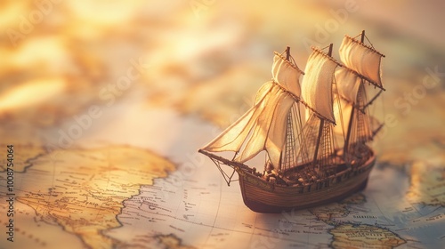 A small miniature toy ship sailing through the waters in a world map, exploration and discovery representation through models