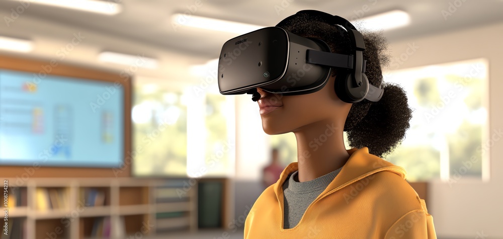 Young girl wearing VR headset in classroom Young girl wearing VR headset in classroom