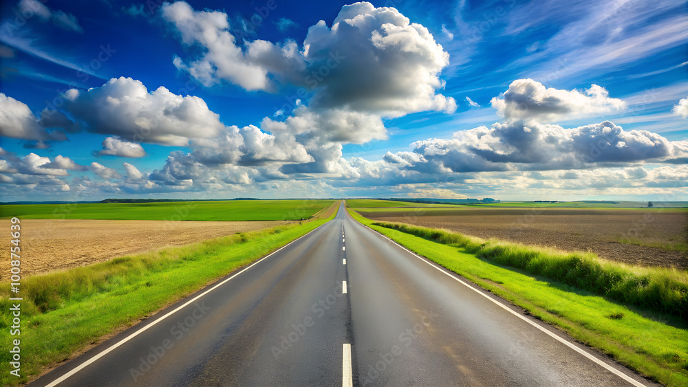 Endless road stretching through the lush green fields under a beautiful sky Endless road stretching through the lush green fields under a beautiful sky