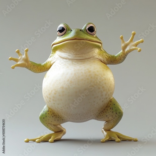A cute, chubby frog poses with its hands raised, showcasing a vibrant green and yellow body against a neutral background.