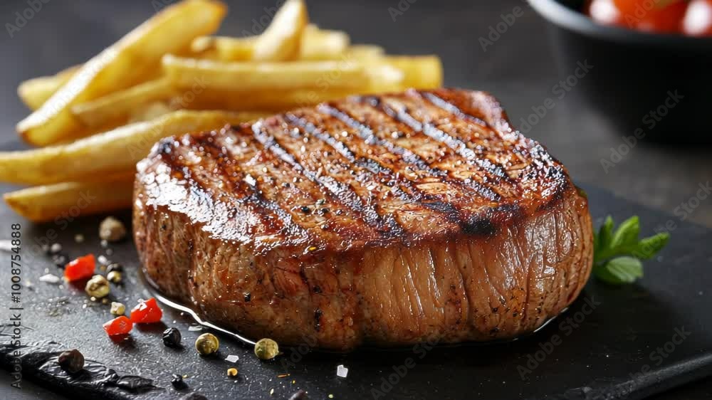 A delicious grilled steak served with crispy fries on a dark plate. A delicious grilled steak served with crispy fries on a dark plate.