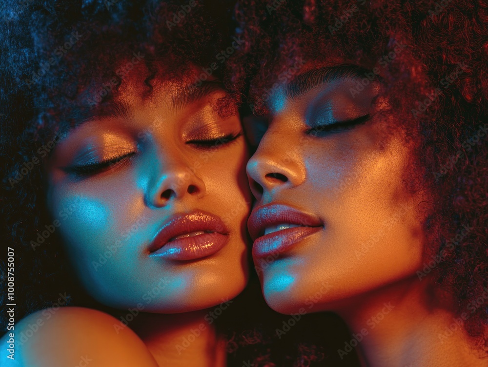 Obraz premium Intimate and vibrant image of two Afro women in neon light with LGBT theme, AI generated