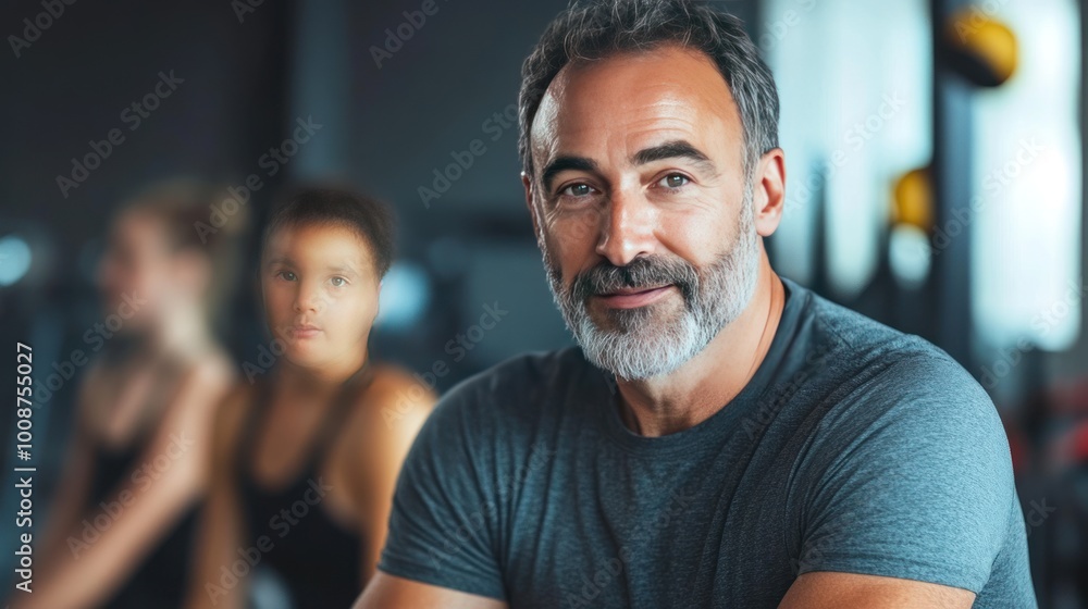 Fototapeta premium A fit man in a gym setting, engaging with others in a fitness environment.