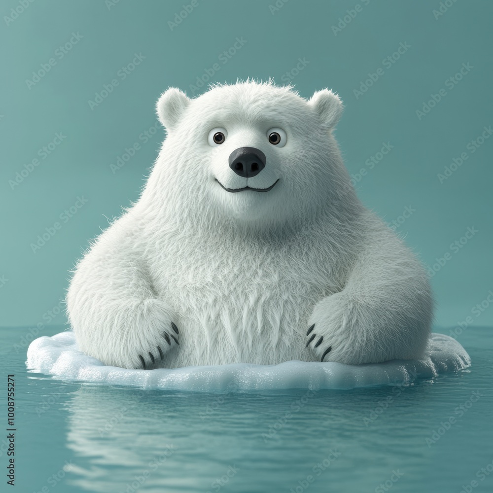 A cute polar bear character sitting on an ice floe in calm waters, radiating warmth and charm with its fluffy white fur. A cute polar bear character sitting on an ice floe in calm waters, radiating warmth and charm with its fluffy white fur.