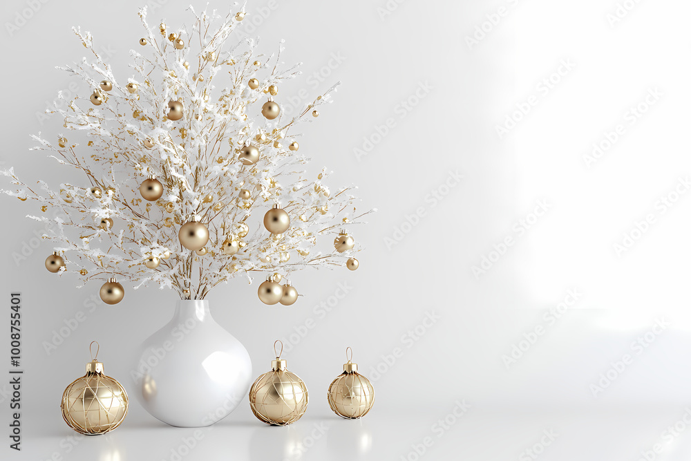 Fototapeta premium Minimalist Christmas Tree with Golden Baubles and Ornaments on White Backdrop