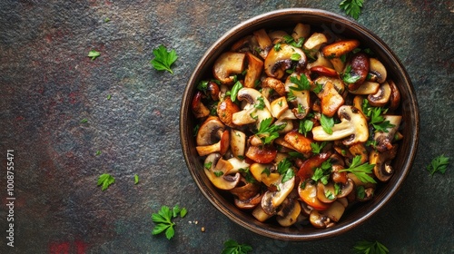 Sautéed Mushrooms with Fresh Herbs in a Bowl