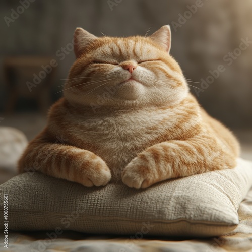 A relaxed orange cat rests peacefully on a cushion, showcasing a serene moment of comfort and contentment indoors.