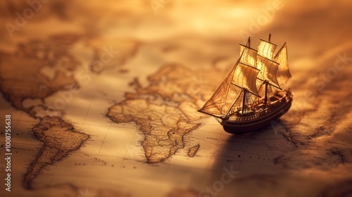 A small miniature toy ship sailing through the waters in a world map, exploration and discovery representation through models