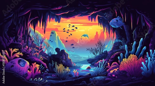 Illustration for an under the sea background, graphic resource, backdrop artwork, website banner, landscape background, AI