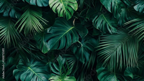 Tropical foliage featuring palm leaves and exotic plants. Vibrant green wallpaper seamless pattern