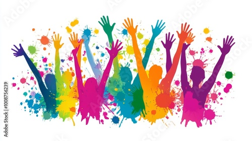This modern illustration of a group of rainbows raising their hands on a white background could represent voting, an example of an stock