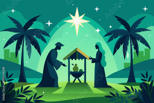 Silhouette of a serene Epiphany scene featuring a man and woman bowing in reverence to a newborn, Cartoon style scene of the epiphany