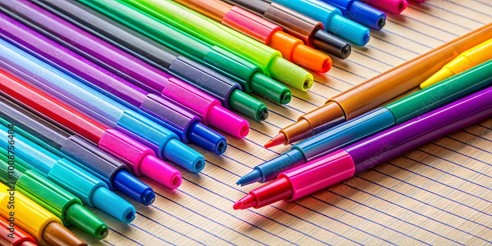 A colorful collection of writing tools lined up on a sheet of paper.