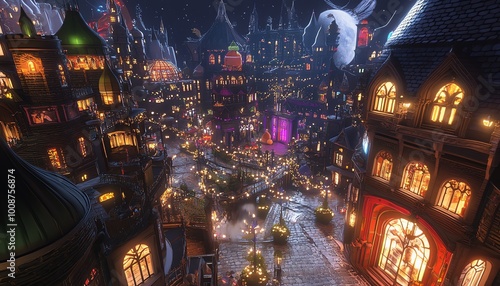 Worms-eye view of a radiant fantasy city, vibrant streetlights illuminating whimsical spires, enchanting shadows dance
