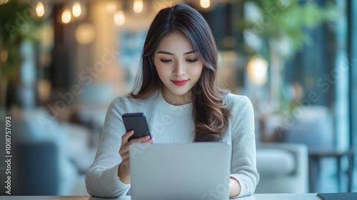 A young woman sits at a table in a cafe, working on her laptop and looking at her phone.