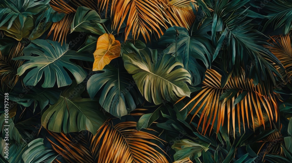 Tropical foliage featuring palm leaves and exotic plants. Vibrant green wallpaper seamless pattern Tropical foliage featuring palm leaves and exotic plants. Vibrant green wallpaper seamless pattern