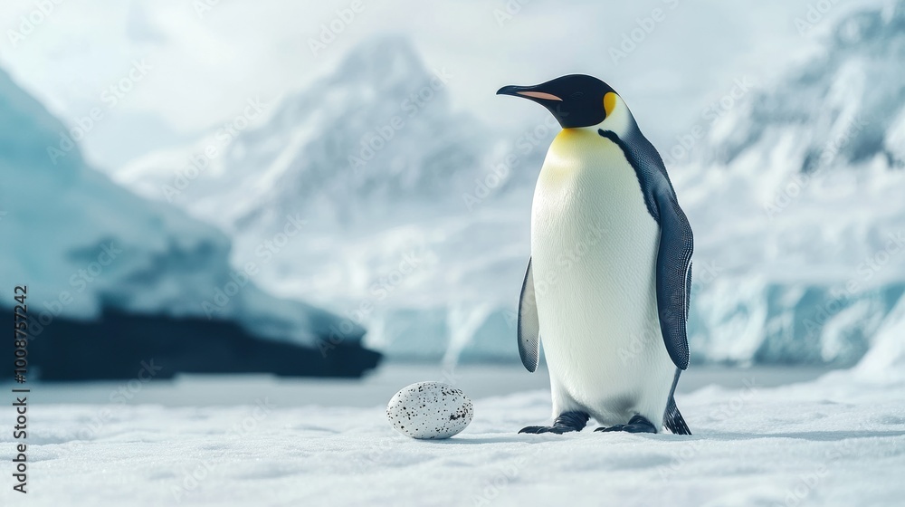 Fototapeta premium A solitary emperor penguin stands beside its egg in a snowy, icy landscape.