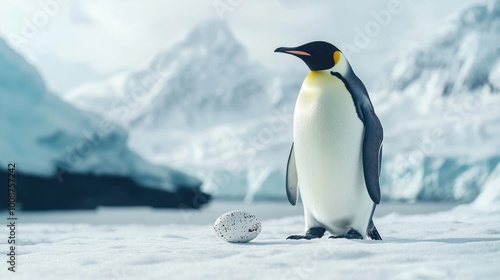 A solitary emperor penguin stands beside its egg in a snowy, icy landscape.