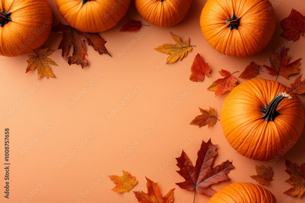 Autumn leaves and orange pumpkins on a beige background Autumn leaves and orange pumpkins on a beige background