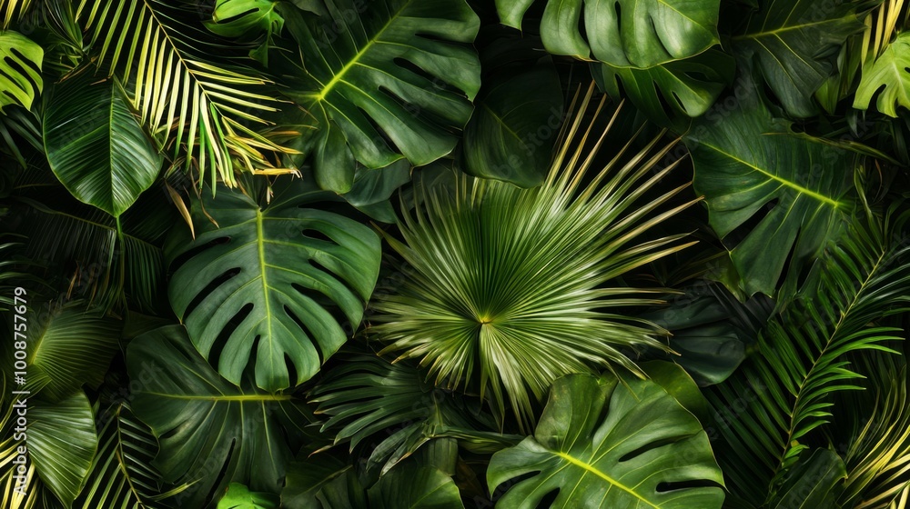 Obraz premium Tropical foliage featuring palm leaves and exotic plants. Vibrant green wallpaper seamless pattern