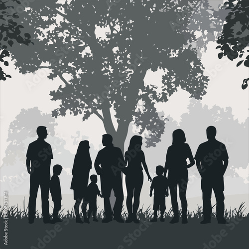 A simple line drawing of a family , young couple, teenage children. vector illustration
