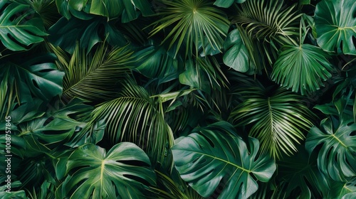 Tropical foliage featuring palm leaves and exotic plants. Vibrant green wallpaper seamless pattern