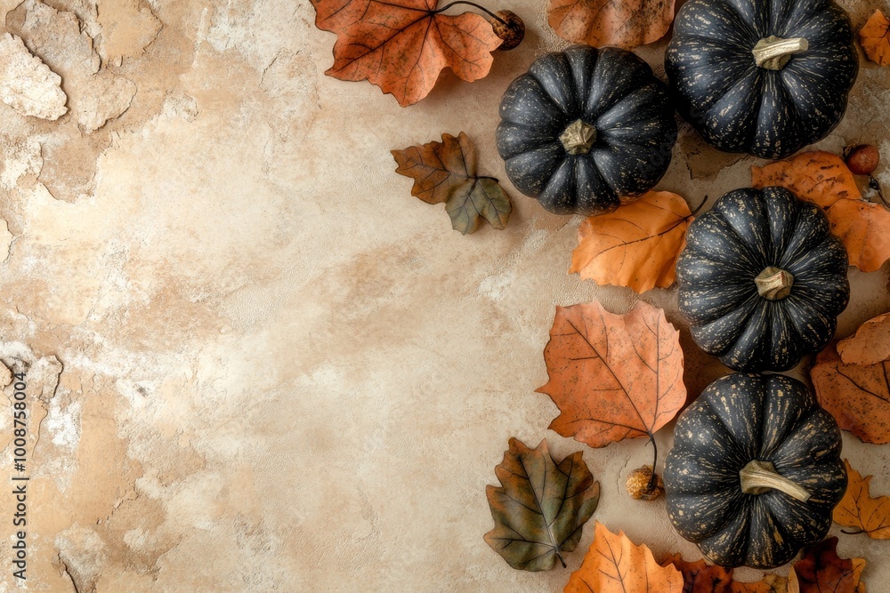 custom made wallpaper toronto digitalAn orange pumpkin and autumn leaves are set against a beige background.